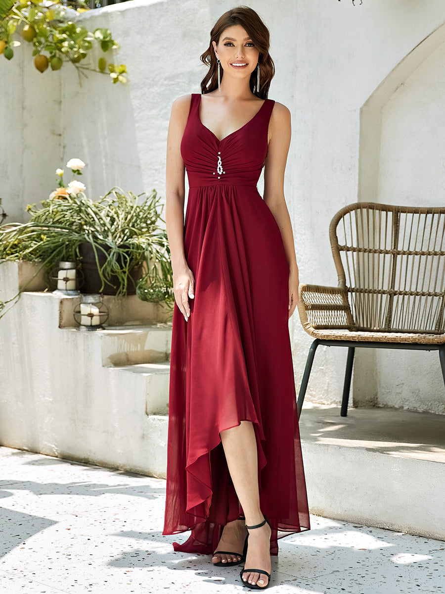 Taille personnalisée Robes de Soirée Chiffon à Col en V Haut Bas #Couleur_Bordeaux