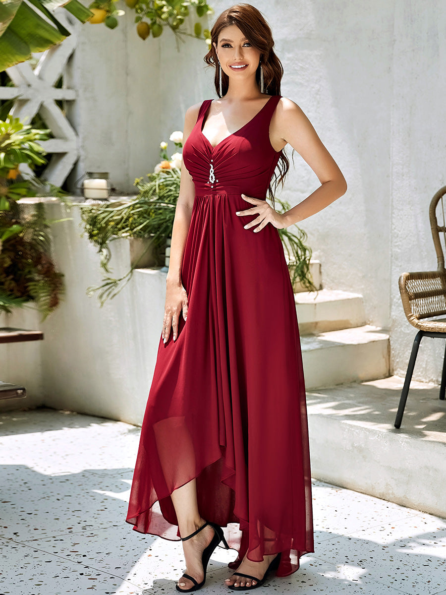 Robes de Soirée Chiffon à Col en V Haut Bas pour La Fête #Couleur_Bordeaux