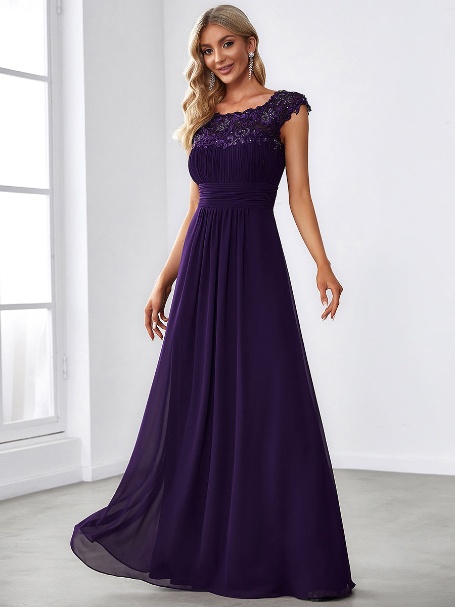 Robe de demoiselle d'honneur Maxi longue à taille Empire A Line #Couleur_Violet Fonce