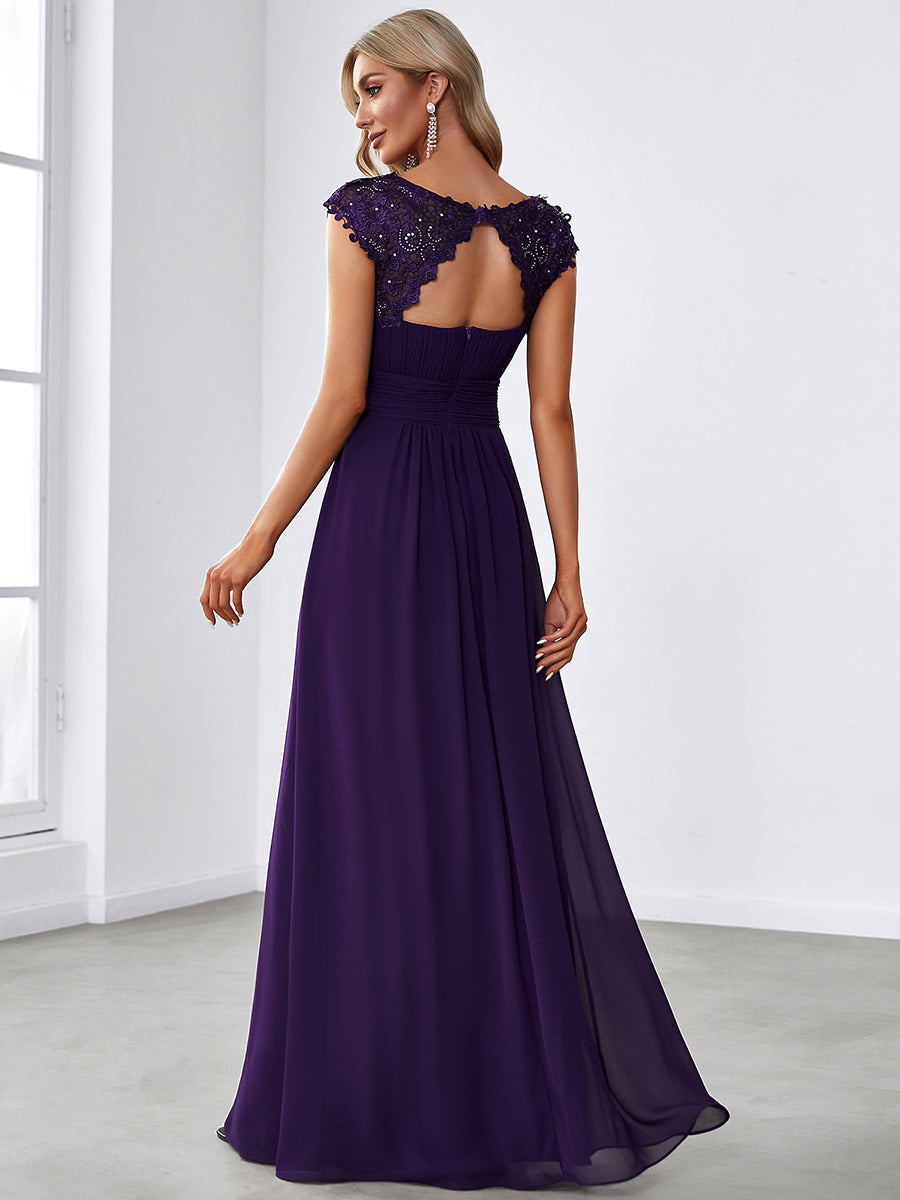 Robe de demoiselle d'honneur Maxi longue à taille Empire A Line #Couleur_Violet Fonce