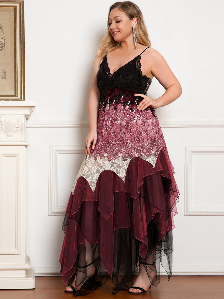 Robe de Bal Grande Taille à Col en V et Ourlet Irrégulier pour Cocktail #Couleur_Bordeaux 