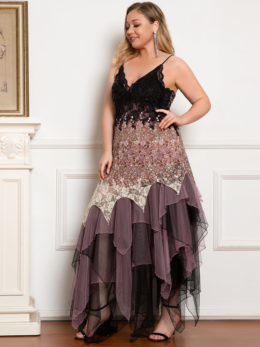 Robe de Bal Grande Taille à Col en V et Ourlet Irrégulier pour Cocktail #Couleur_Orchidee 