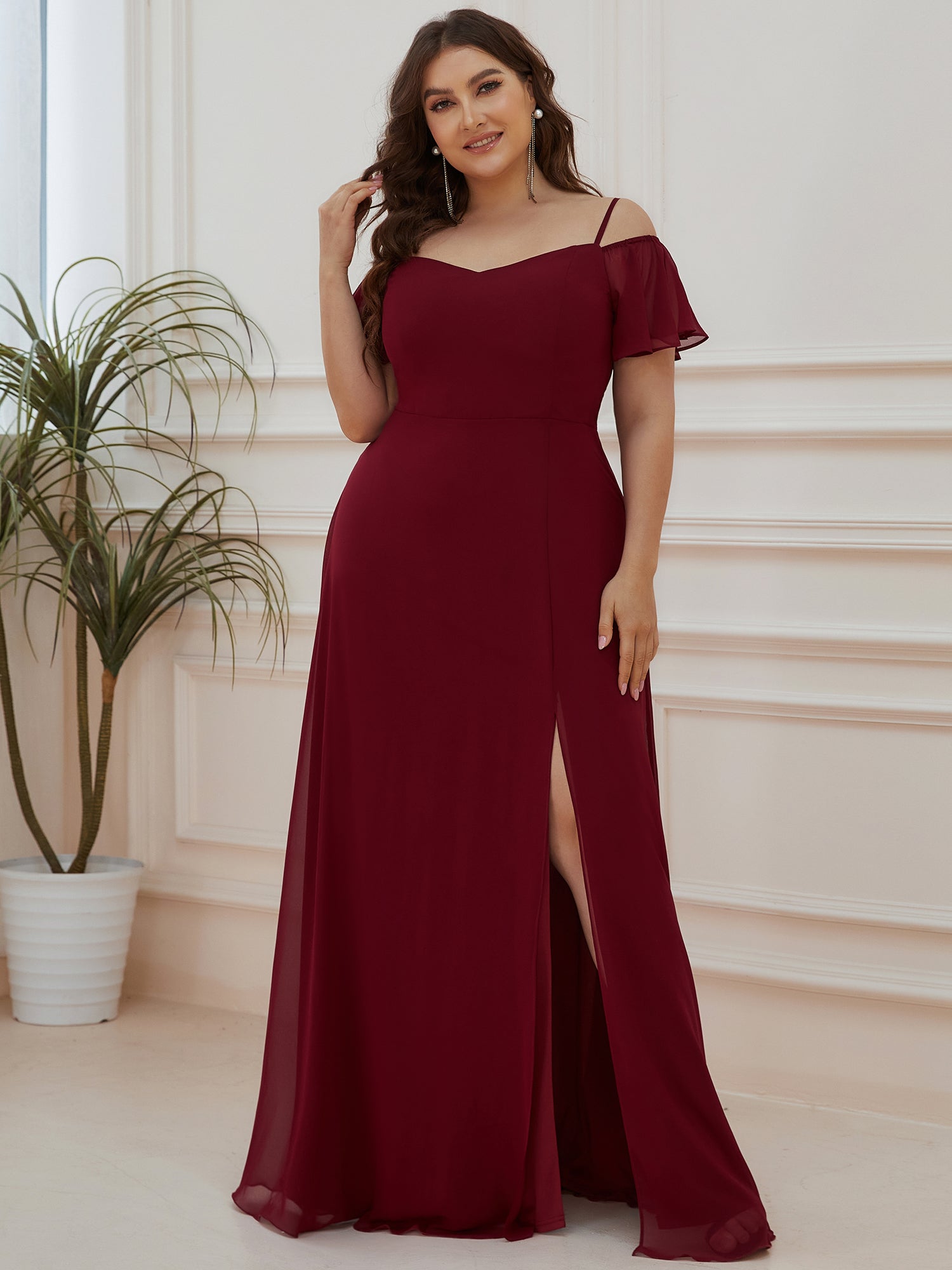 Taille personnalisée Robe de soirée sexy à épaules dénudées et à encolure en V #Couleur_Bordeaux