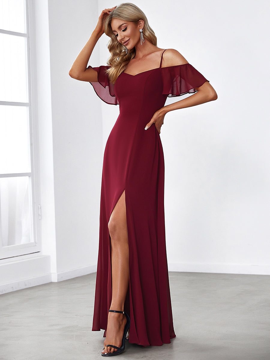 Robe invitée mariage fendue été sexy à épaules dénudées #Couleur_Bordeaux