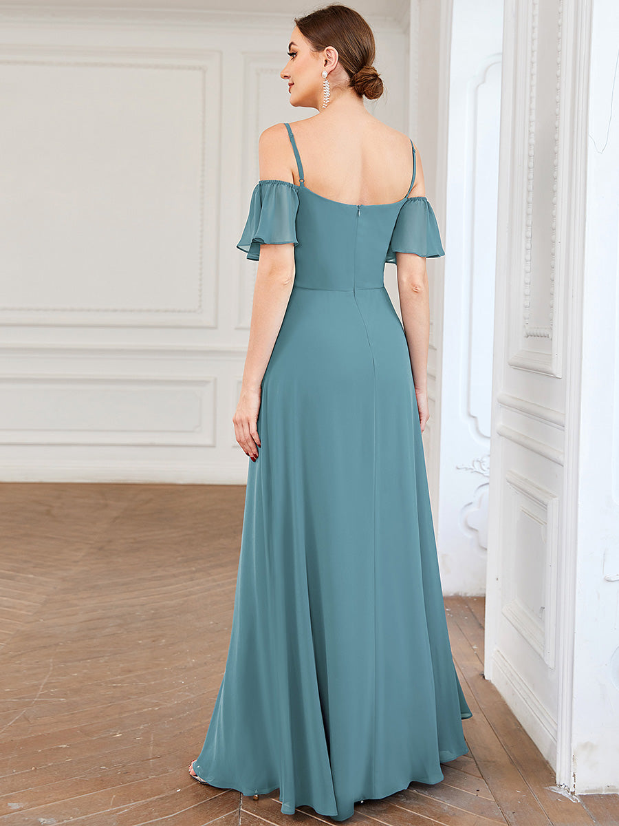 Robe invitée mariage fendue été sexy à épaules dénudées #Couleur_Bleu Fume