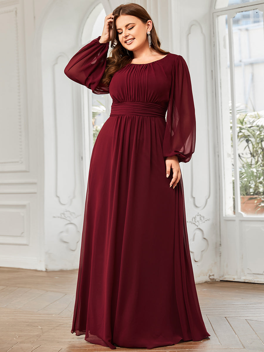 Robe de demoiselle d'honneur plissée à manches longues transparente de grande taille #Couleur_Bordeaux