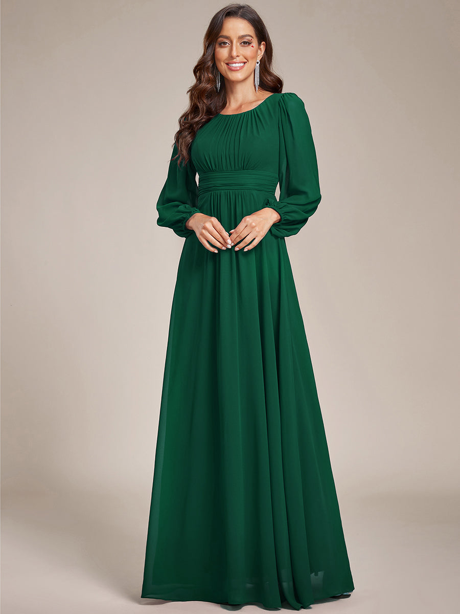 Robe demoiselle d'honneur en mousseline à taille haute Manches bouffantes #Couleur_Vert Fonce