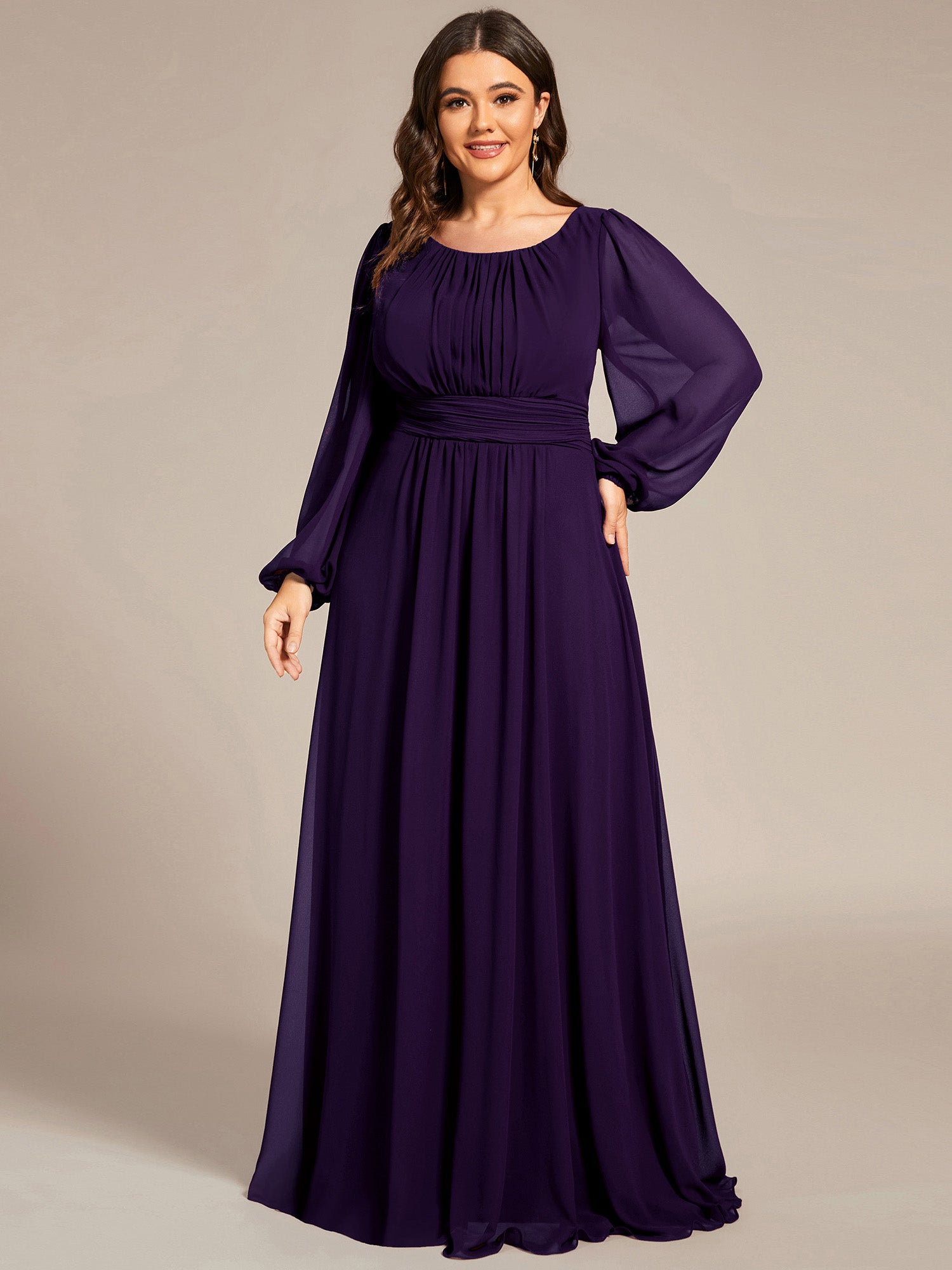 Robe demoiselle d'honneur en mousseline à taille haute Manches bouffantes #Couleur_Violet Fonce