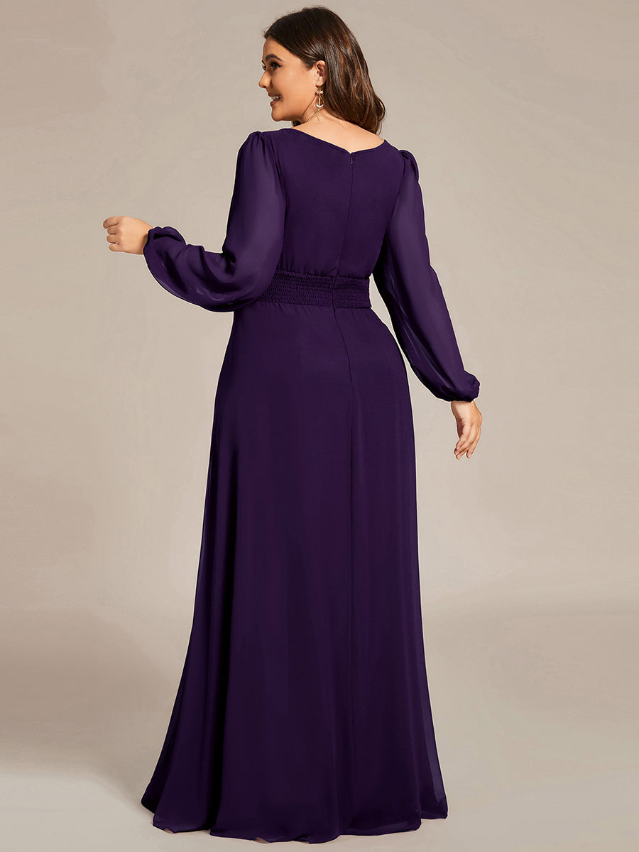 Robe de demoiselle d'honneur plissée à manches longues transparente de grande taille #Couleur_Violet Fonce