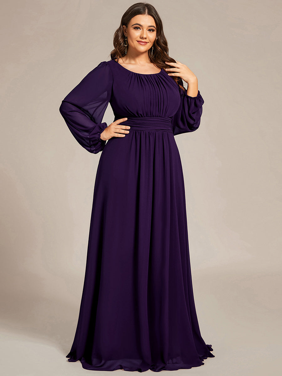 Robe de demoiselle d'honneur plissée à manches longues transparente de grande taille #Couleur_Violet Fonce