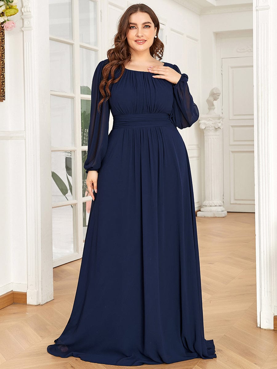 Robe demoiselle d'honneur en mousseline à taille haute Manches bouffantes #Couleur_Bleu Marine