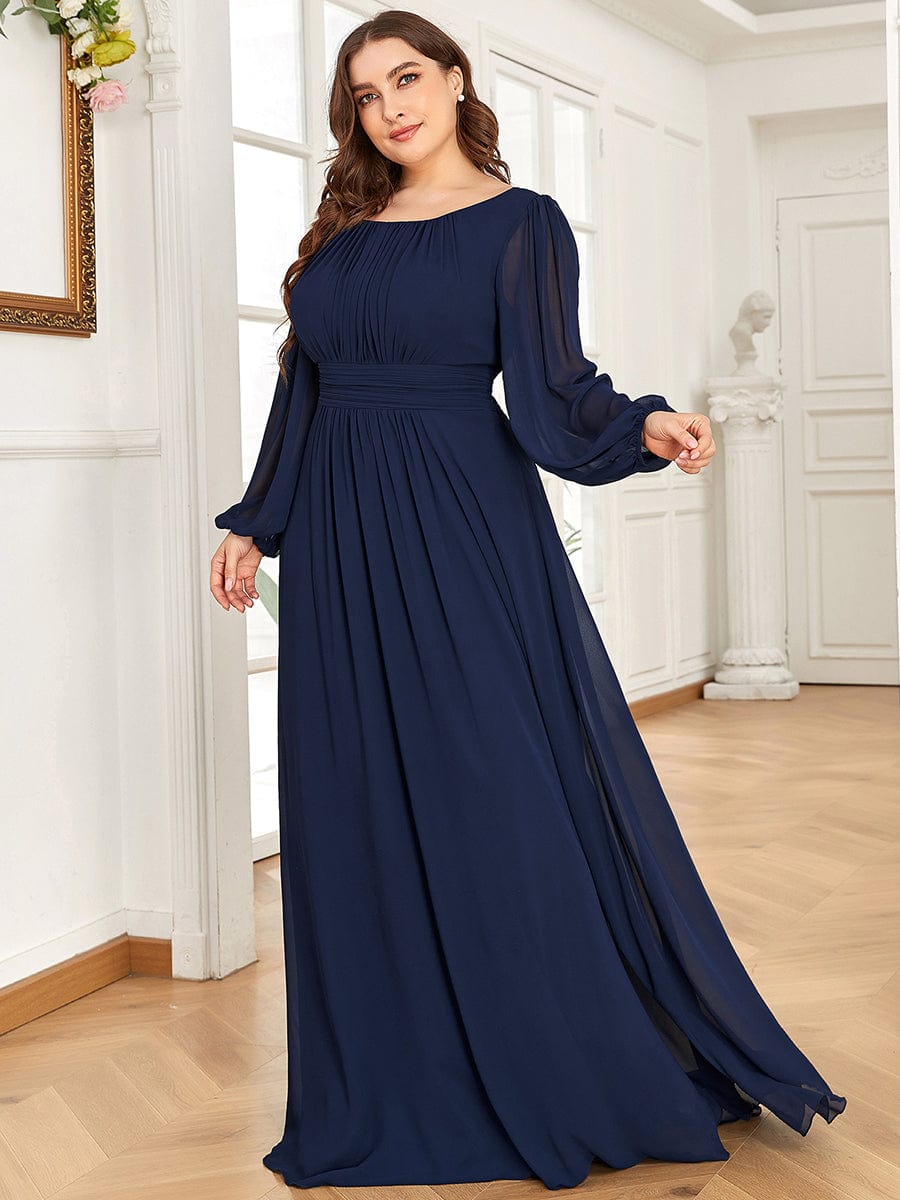 Robe de demoiselle d'honneur plissée à manches longues transparente de grande taille #Couleur_Bleu Marine