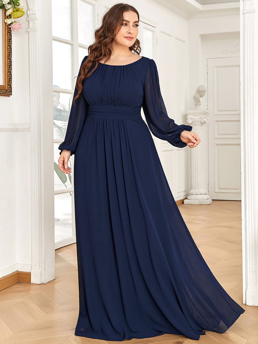 Robe de demoiselle d'honneur plissée à manches longues transparente de grande taille #Couleur_Bleu Marine