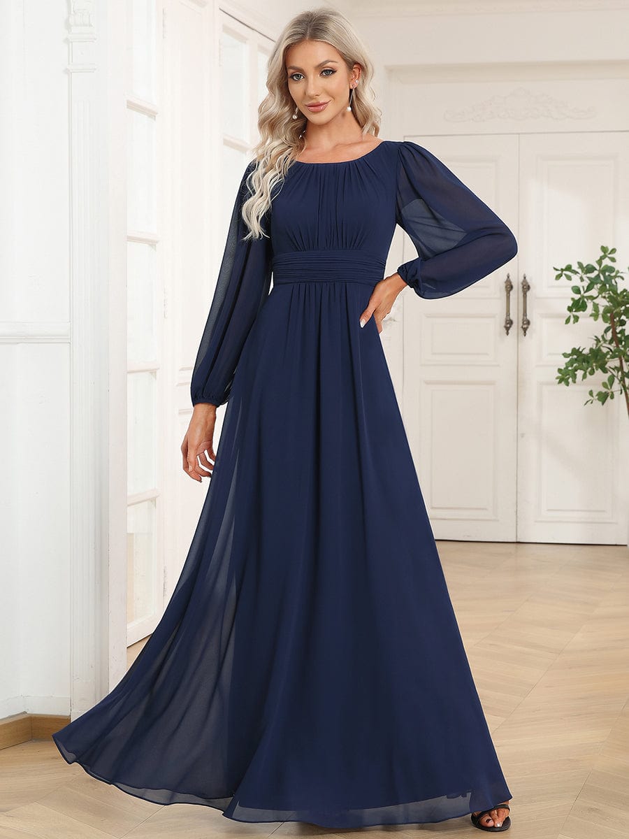 Robe demoiselle d'honneur en mousseline à taille haute Manches bouffantes #Couleur_Bleu Marine