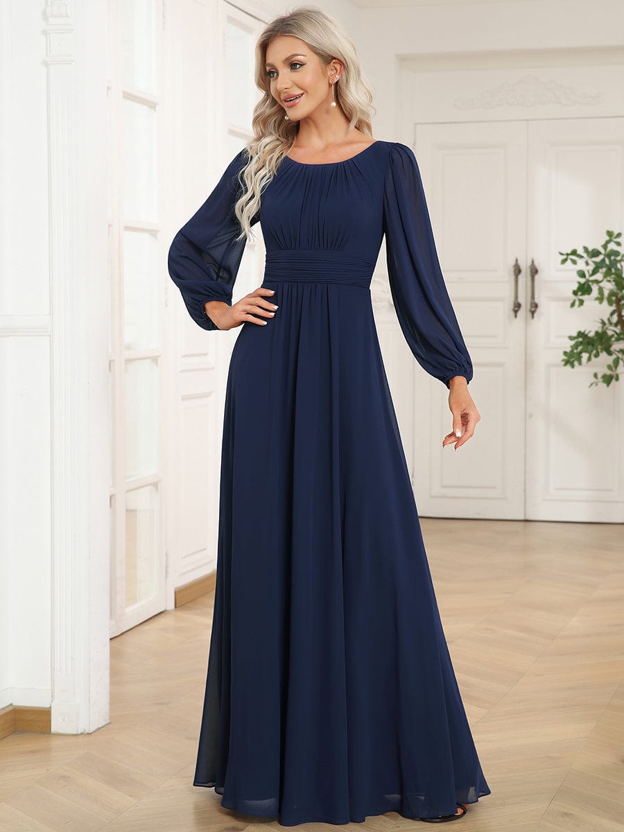 Robe demoiselle d'honneur en mousseline à taille haute Manches bouffantes #Couleur_Bleu Marine