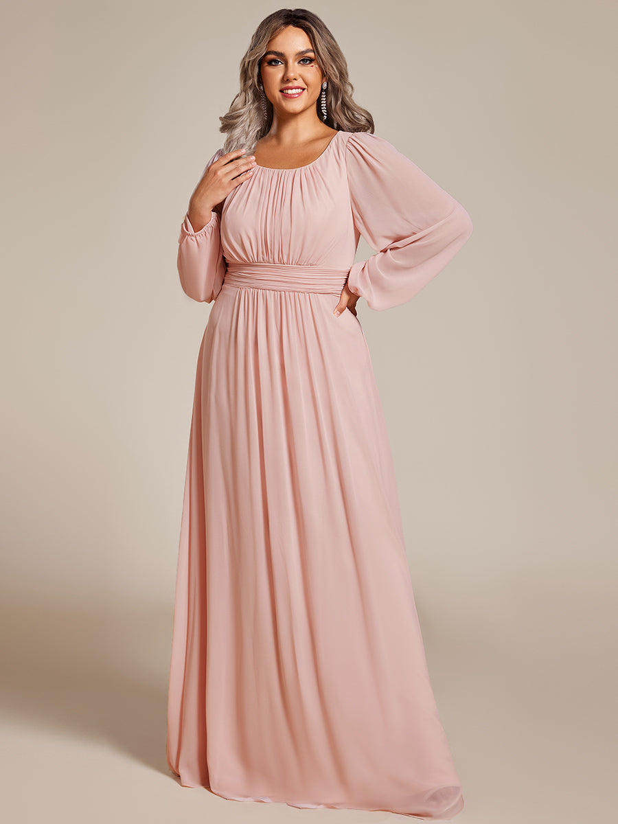 Robe de demoiselle d'honneur plissée à manches longues transparente de grande taille #Couleur_Rose