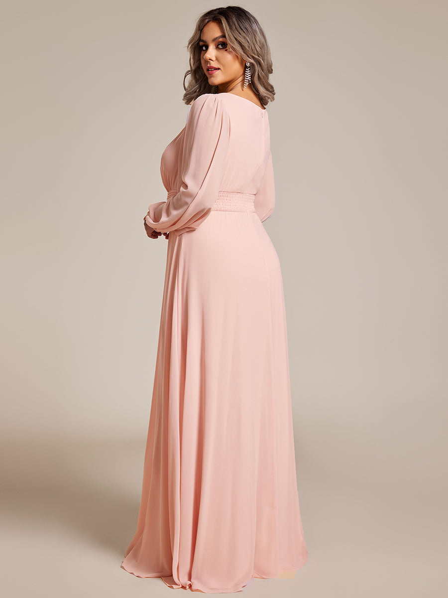 Robe de demoiselle d'honneur plissée à manches longues transparente de grande taille #Couleur_Rose