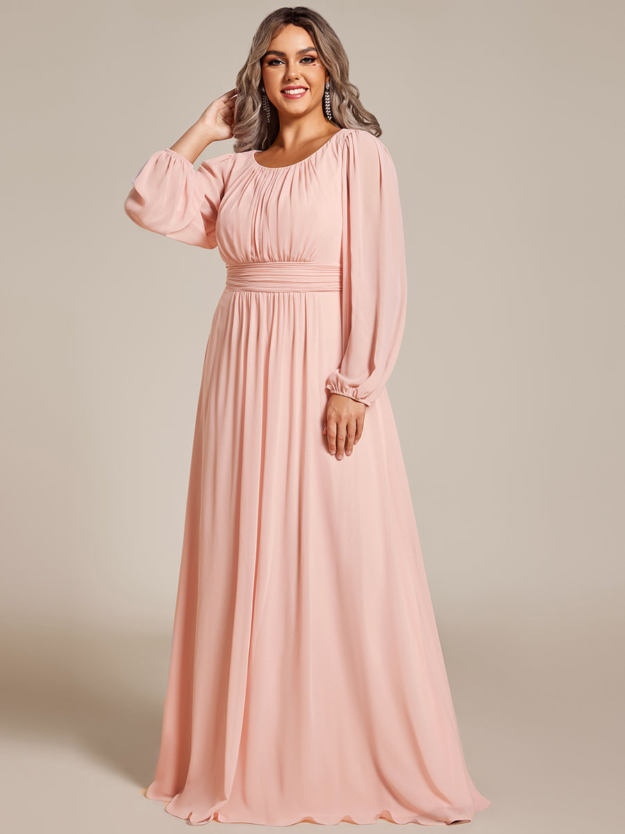 Robe de demoiselle d'honneur plissée à manches longues transparente de grande taille #Couleur_Rose