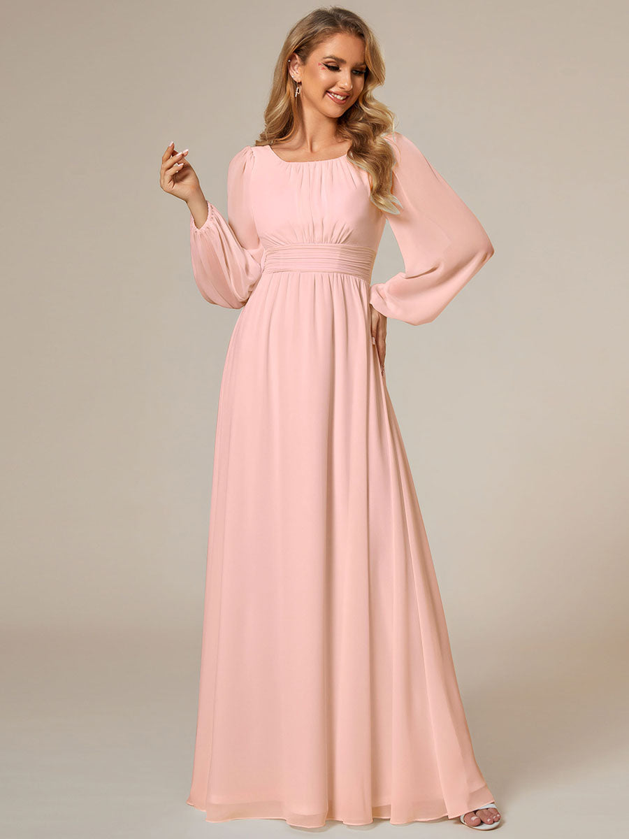 Robe demoiselle d'honneur en mousseline à taille haute Manches bouffantes #Couleur_Rose