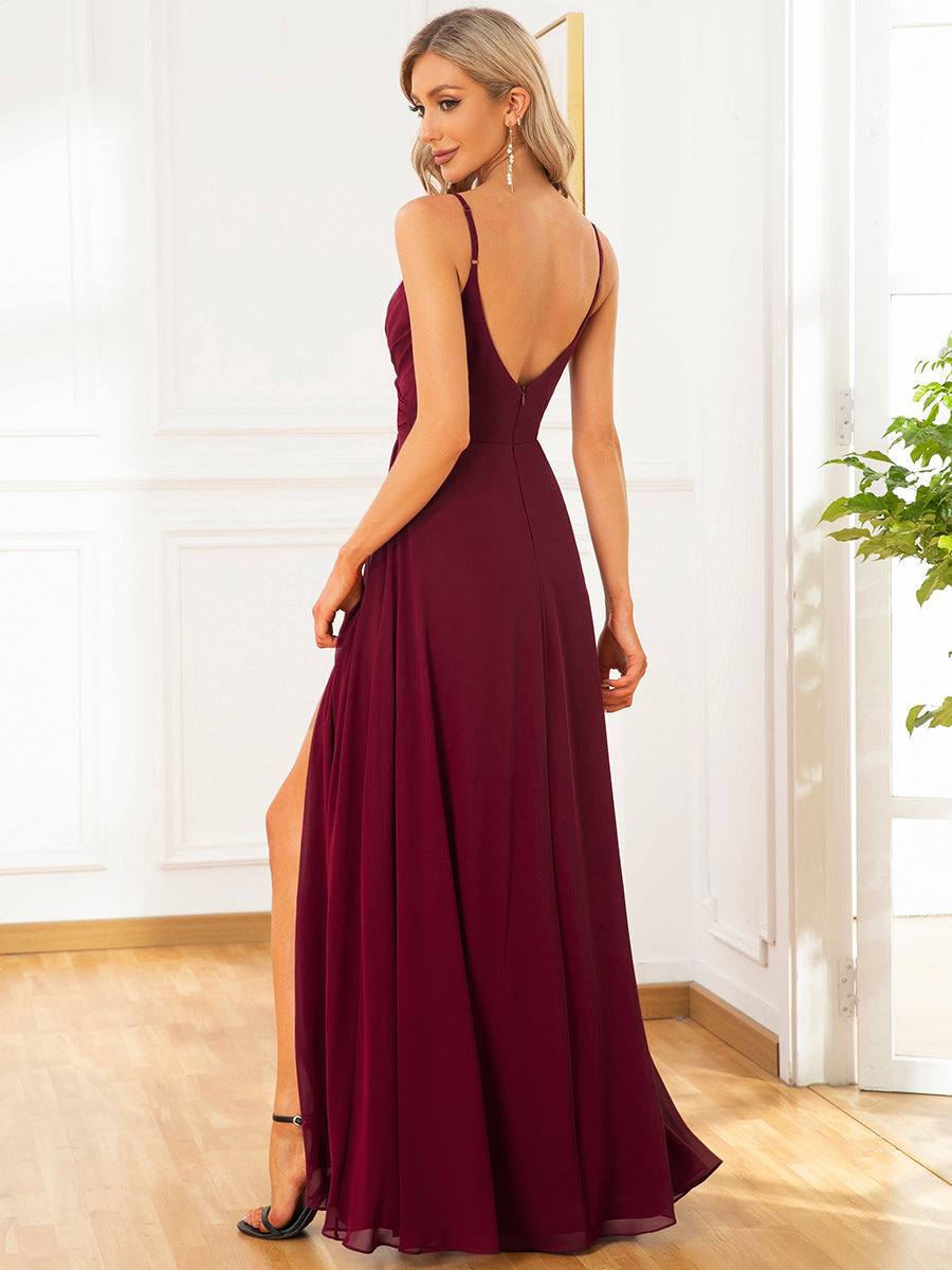 Taille personnalisée Robe de demoiselle d'honneur plissée à bretelles minces #Couleur_Bordeaux