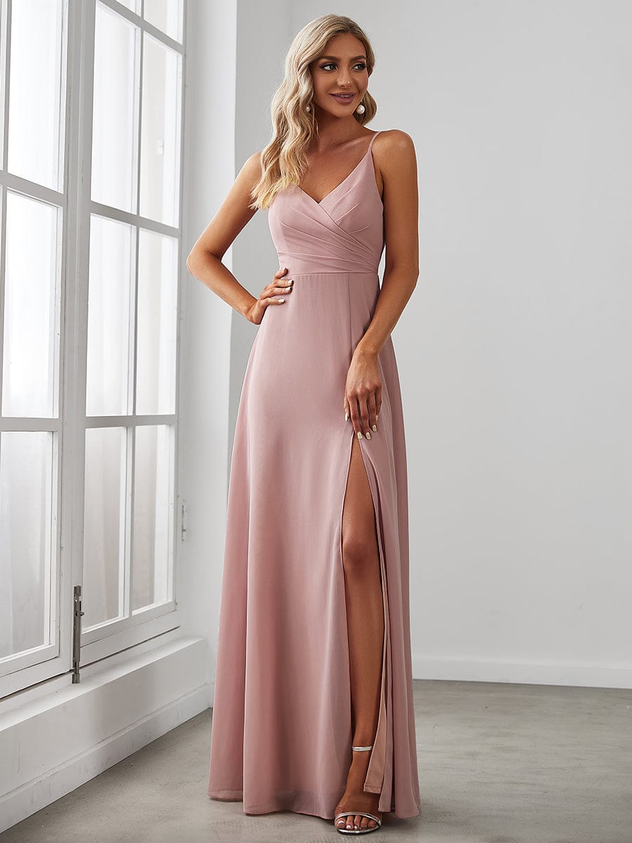 Robe de demoiselle d'honneur plissée à bretelles minces et encolure en V #Couleur_Rose fumee