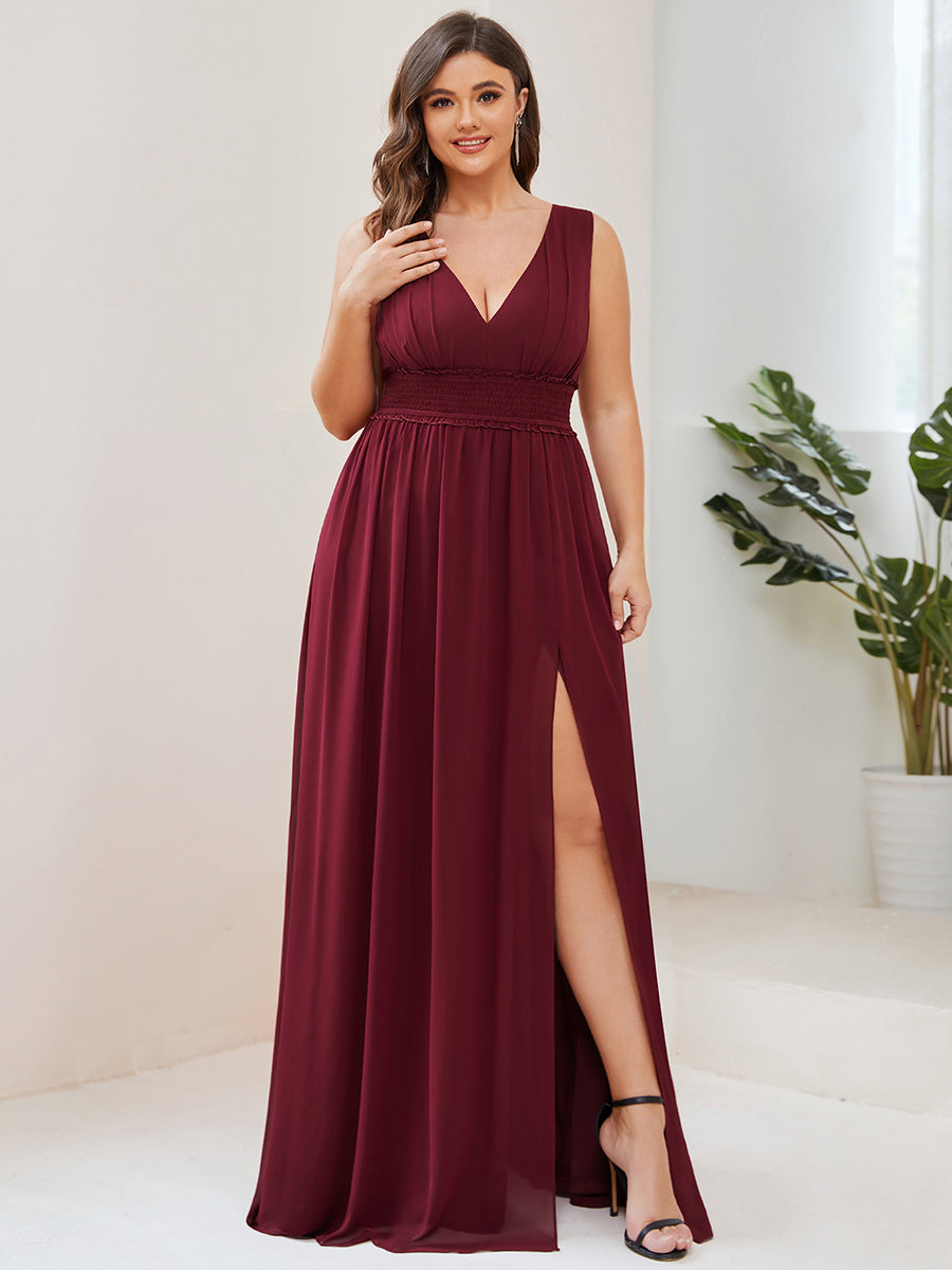 Robe de demoiselle d'honneur Mousseline plissée à encolure en V Grande taille #Couleur_Bordeaux