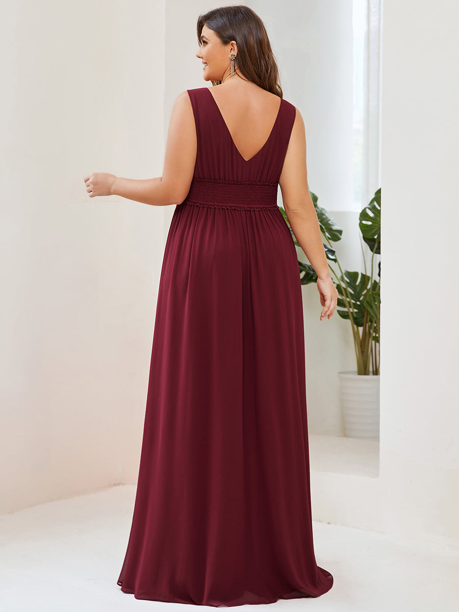 Robe de demoiselle d'honneur Mousseline plissée à encolure en V sans manches #Couleur_Bordeaux