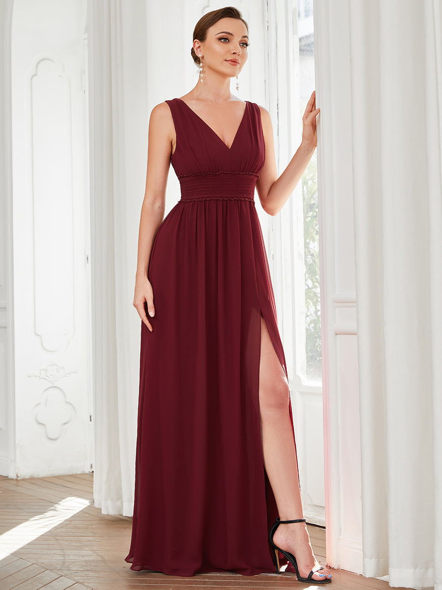 Robe de demoiselle d'honneur Mousseline plissée à encolure en V sans manches #Couleur_Bordeaux