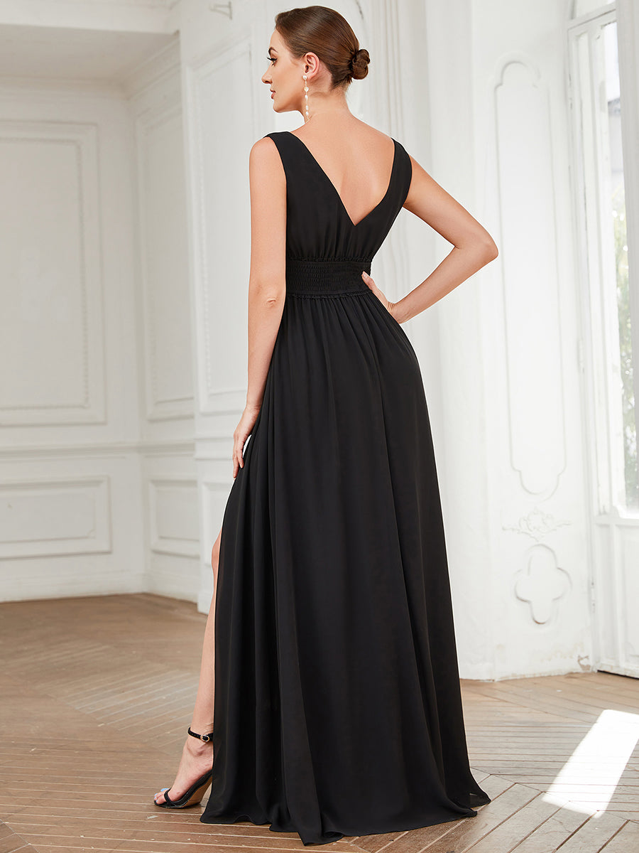 Robe de demoiselle d'honneur Mousseline plissée à encolure en V sans manches #Couleur_Noir