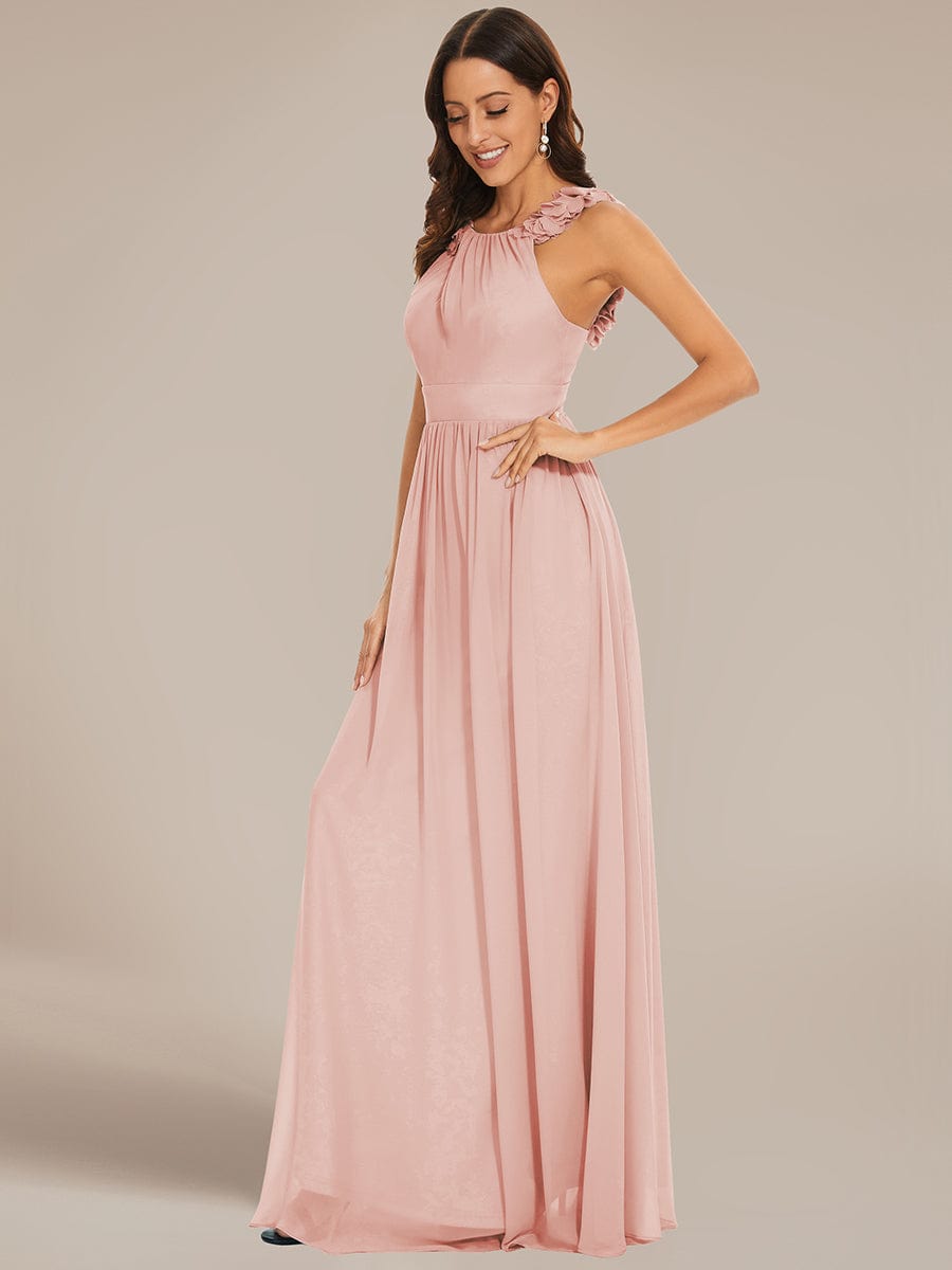 Robe demoiselle d'honneur mousseline plissée sans manches Appliques florales #Couleur_Rose