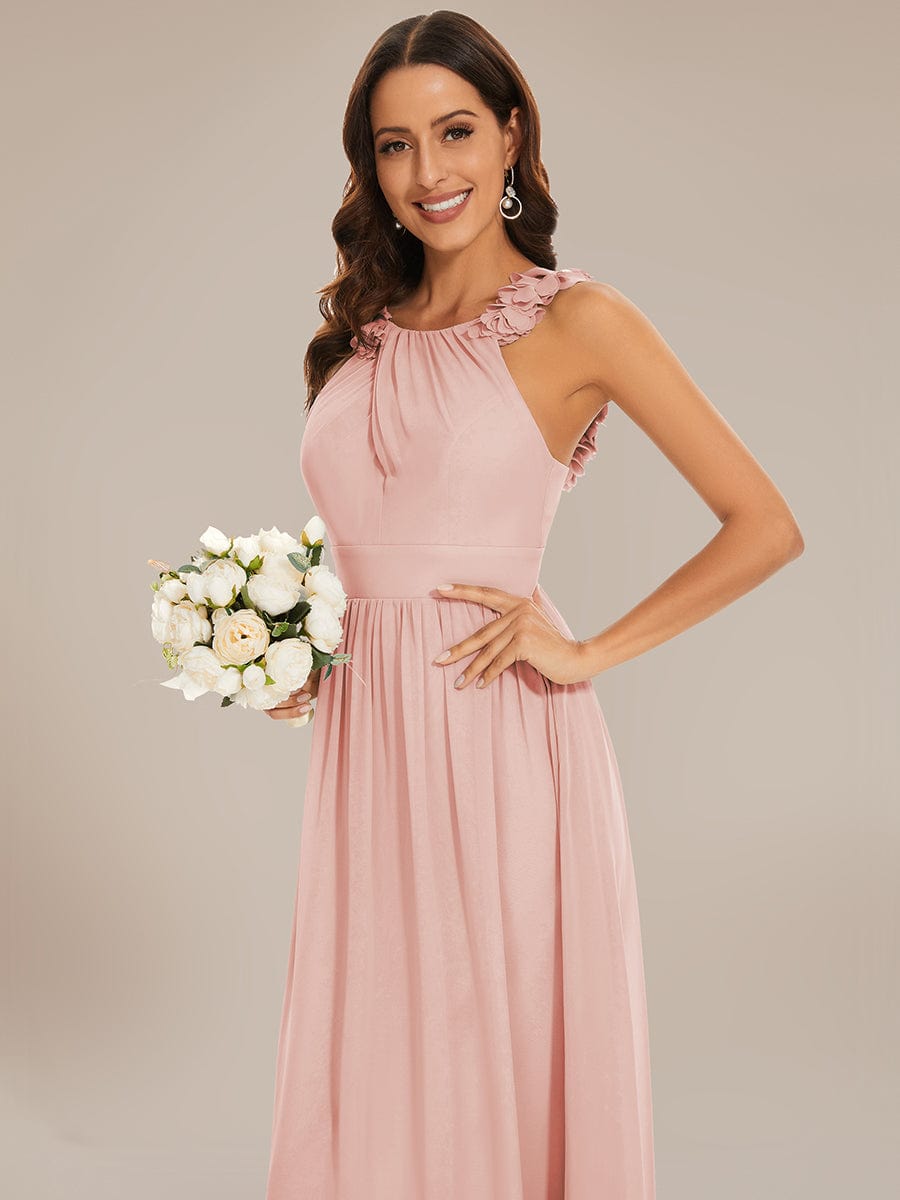 Robe demoiselle d'honneur mousseline plissée sans manches Appliques florales #Couleur_Rose