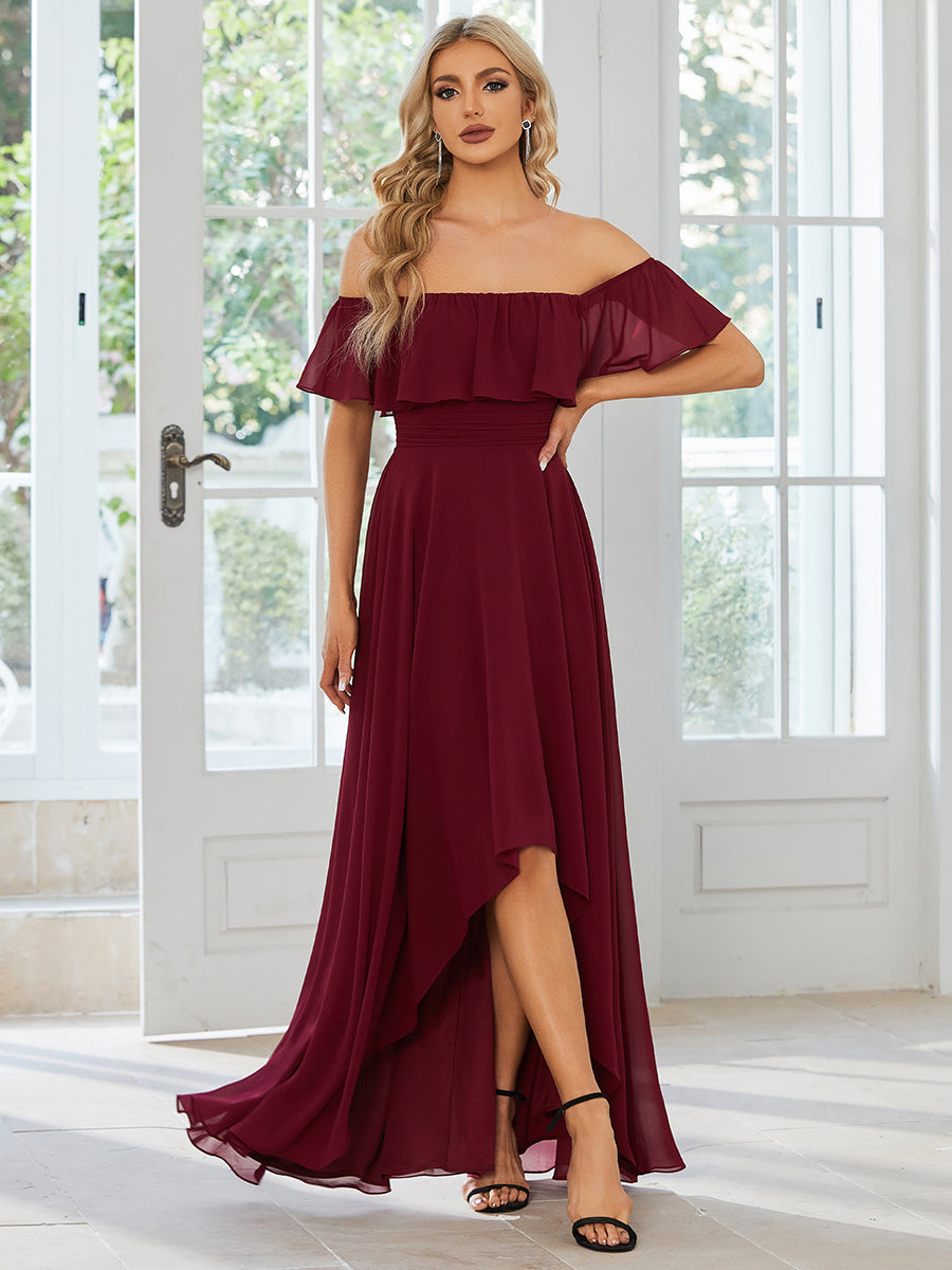 Robe demoiselle d'honneur Manches Courtes Epaules dénudées Volants en Cascade #Couleur_Bordeaux