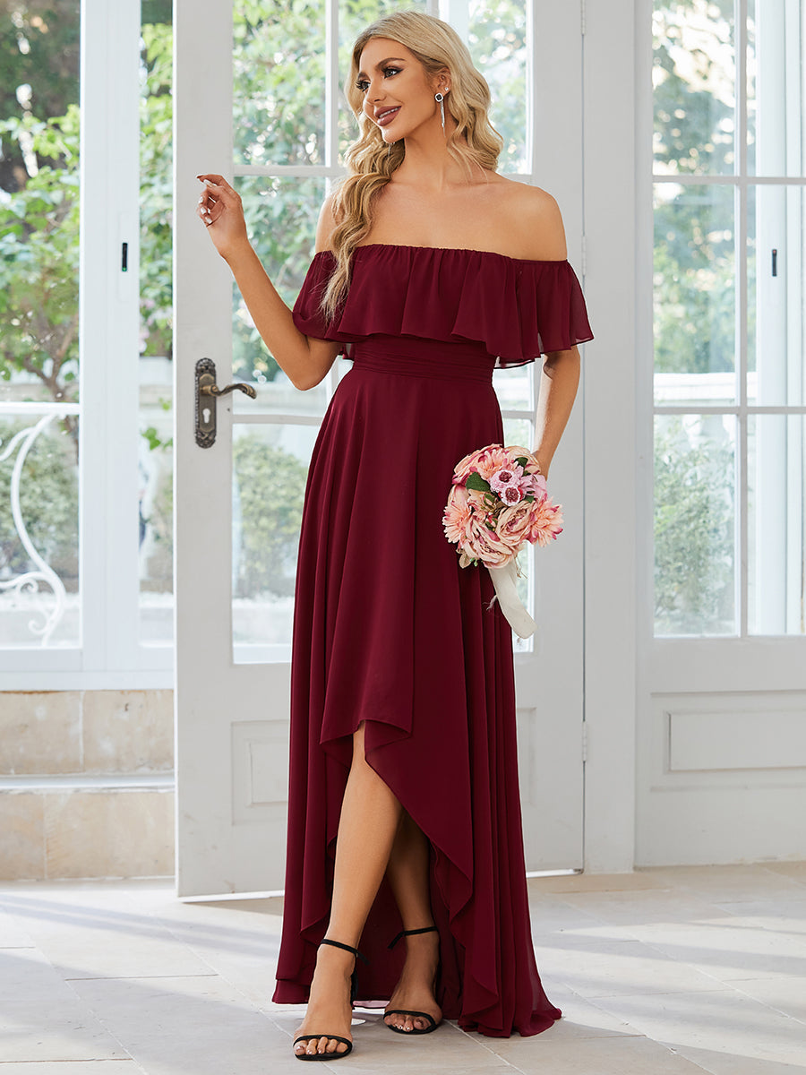 Robe demoiselle d'honneur Manches Courtes Epaules dénudées Volants en Cascade #Couleur_Bordeaux