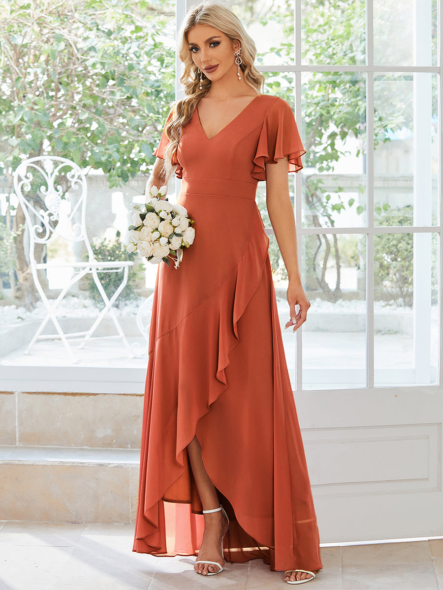 Robe demoiselle d'honneur Superbe mousseline Manches volantées à ourlet lotus #Couleur_Burnt Orange