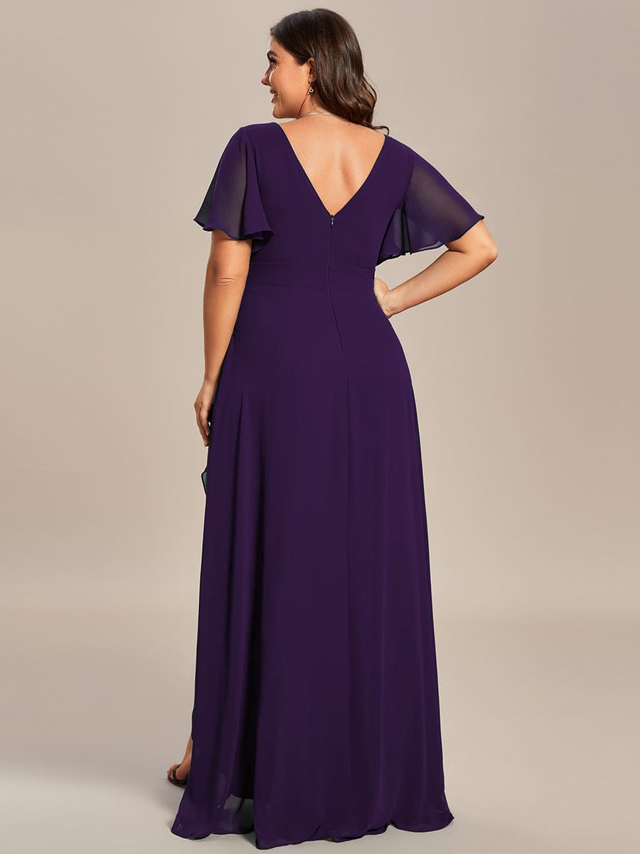 Robe demoiselle d'honneur Superbe mousseline Manches volantées à ourlet lotus #Couleur_Violet Fonce