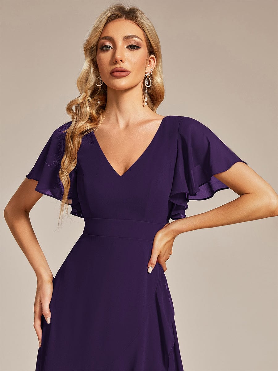 Robe demoiselle d'honneur Superbe mousseline Manches volantées à ourlet lotus #Couleur_Violet Fonce