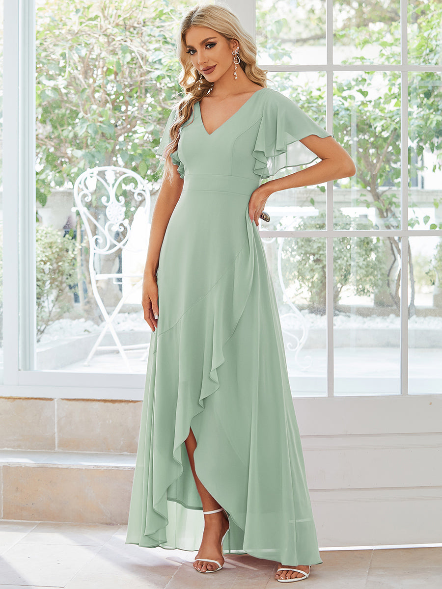 Robe demoiselle d'honneur Superbe mousseline Manches volantées à ourlet lotus #Couleur_Menthe Verte