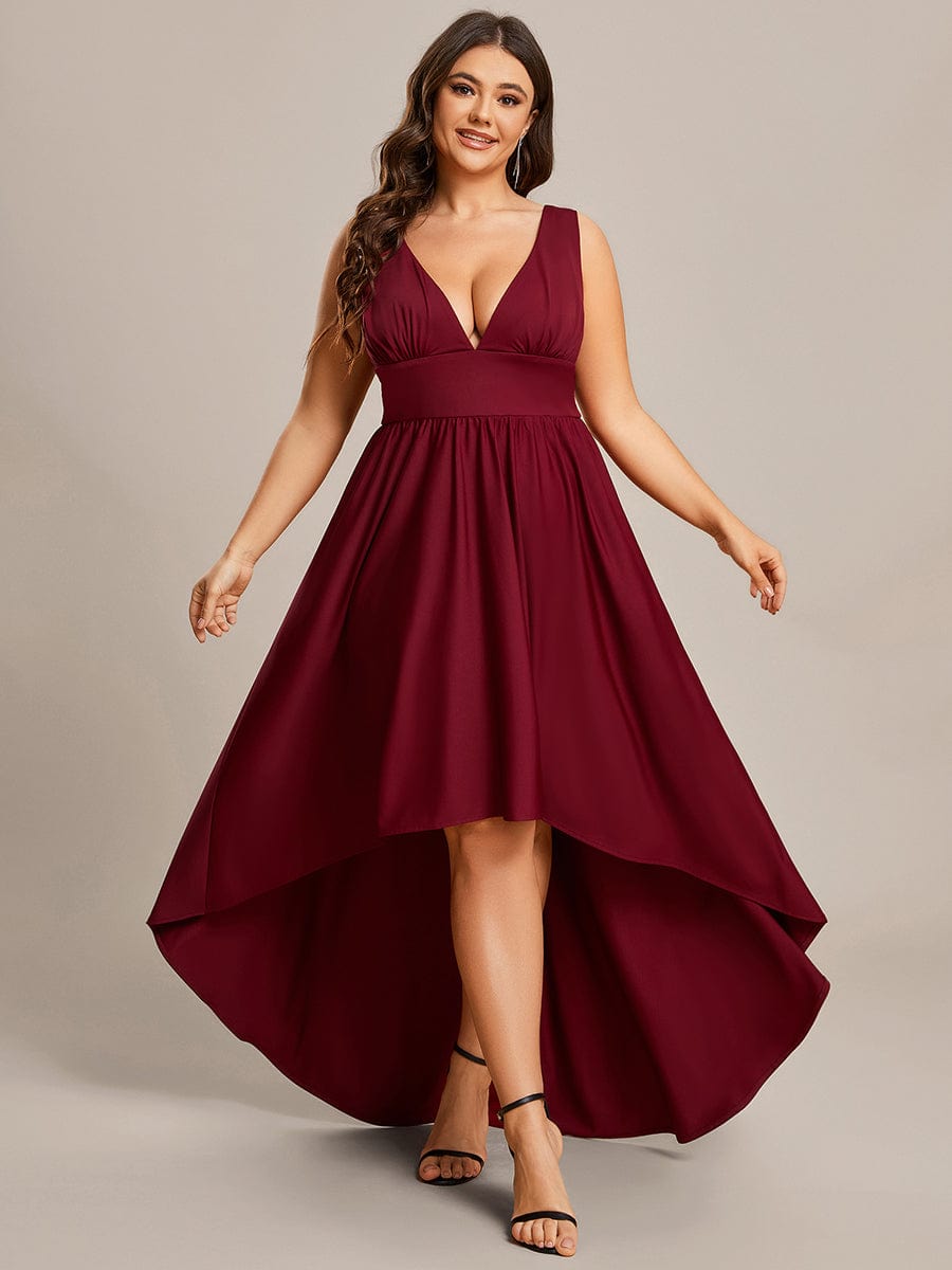 Robe Demoiselle d'honneur Taille Empire Sans Manches Haute-basse Grande Taille #Couleur_Bordeaux