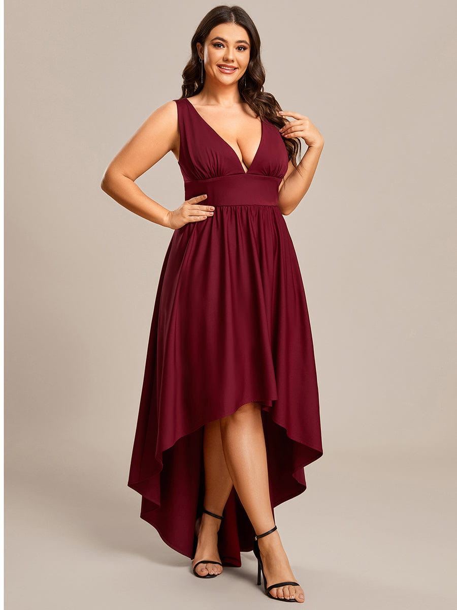 Robe Demoiselle d'honneur Taille Empire Sans Manches Haute-basse Grande Taille #Couleur_Bordeaux