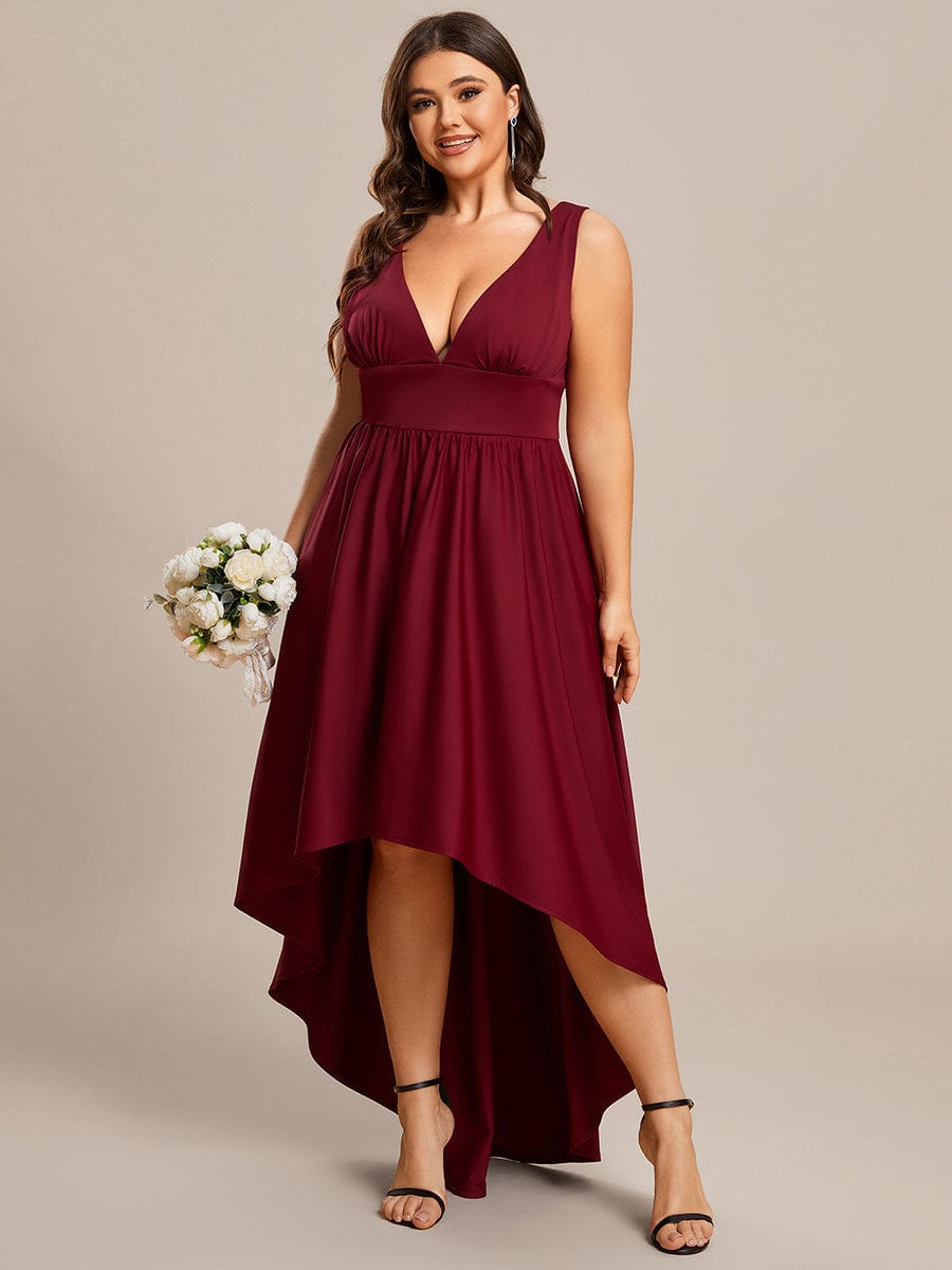 Robe Demoiselle d'honneur Taille Empire Sans Manches Haute-basse Grande Taille #Couleur_Bordeaux