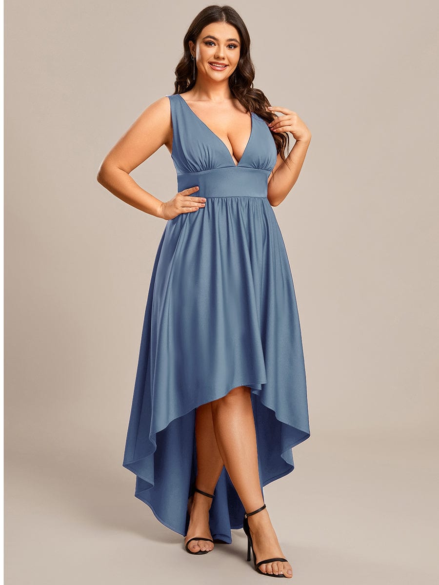 Robe Demoiselle d'honneur Taille Empire Sans Manches Haute-basse Grande Taille #Couleur_Marine Fume