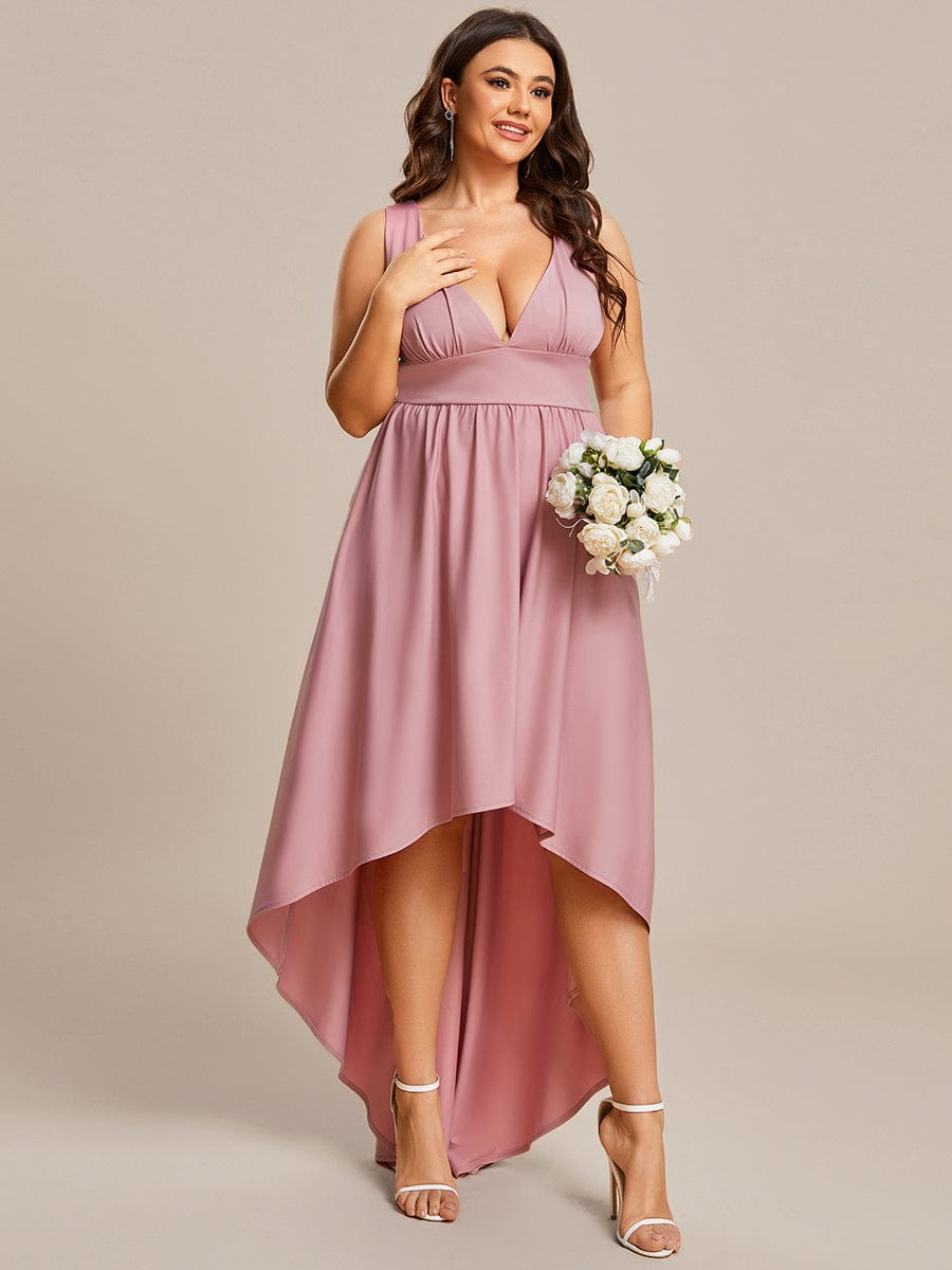 Robe Demoiselle d'honneur Taille Empire Sans Manches Haute-basse Grande Taille #Couleur_Rose fumee