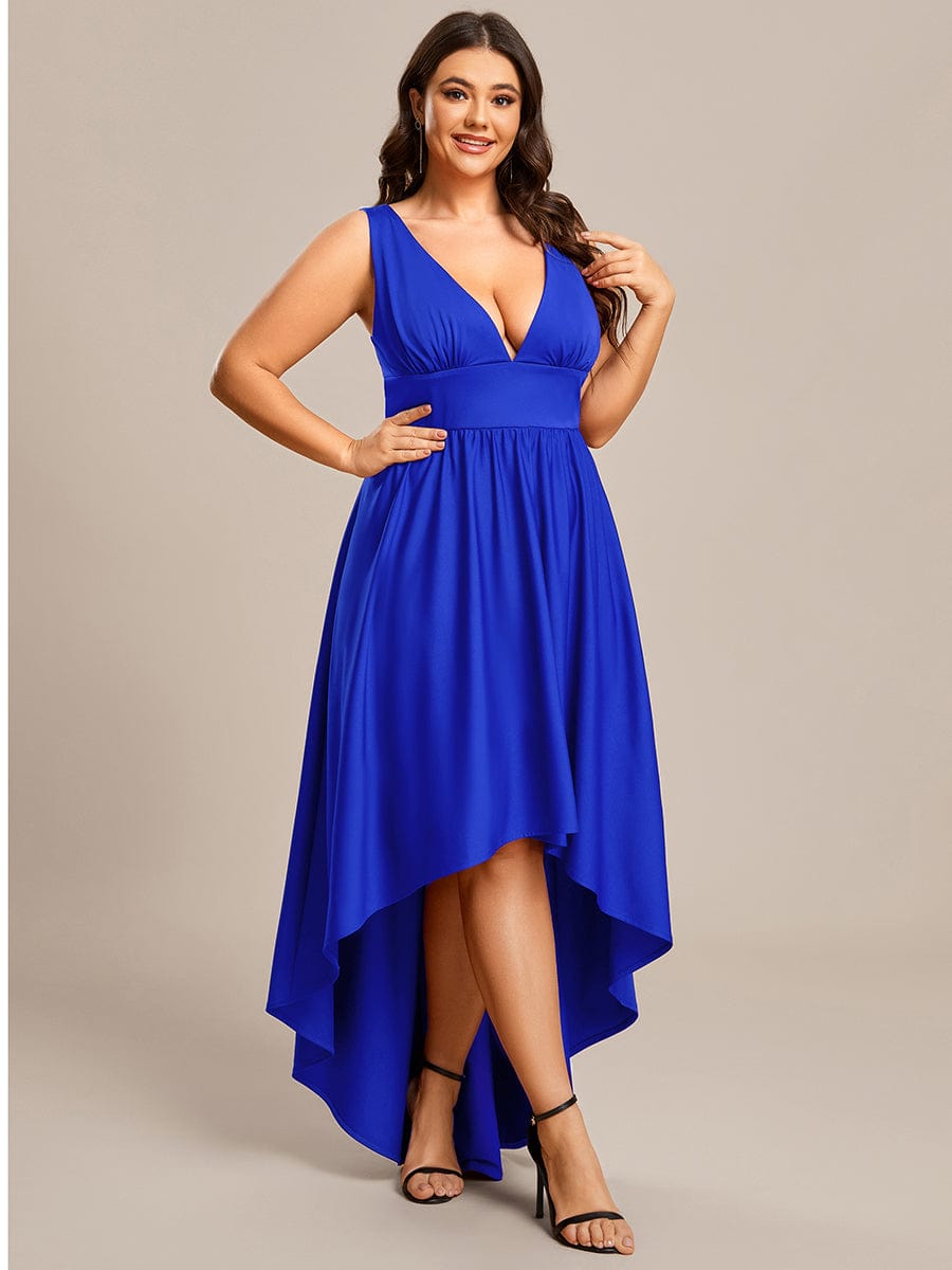 Robe Demoiselle d'honneur Taille Empire Sans Manches Haute-basse Grande Taille #Couleur_Bleu Saphir