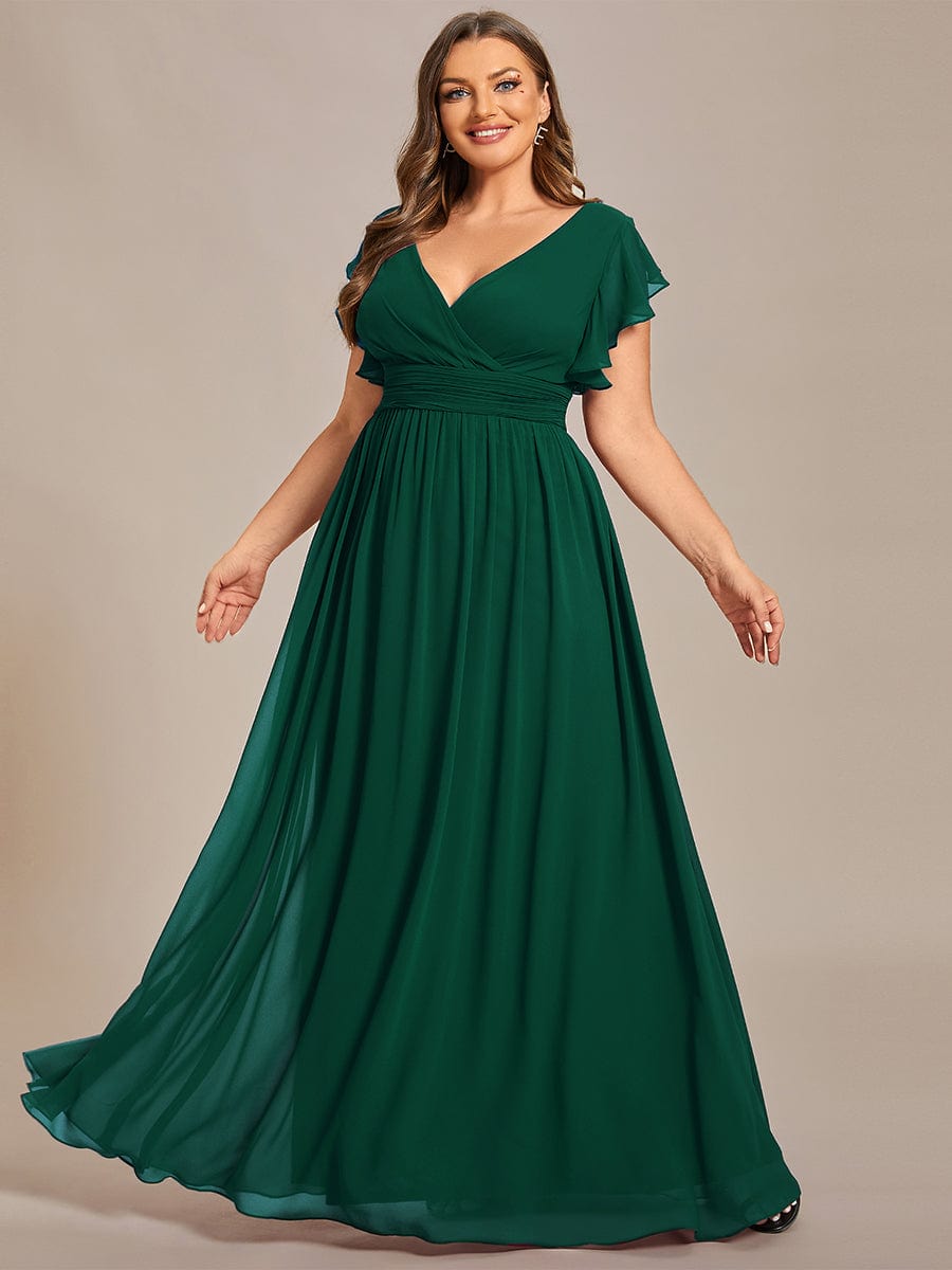 Robe demoiselle d'honneur Curvy mousseline manches plissées avec découpe au dos #Couleur_Vert Fonce