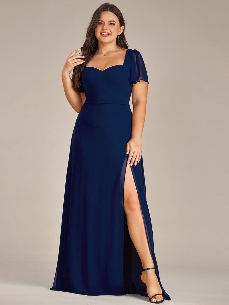 Robe demoiselle d'honneur maxi en mousseline à fente haute de grande taille #Couleur_Bleu Marine