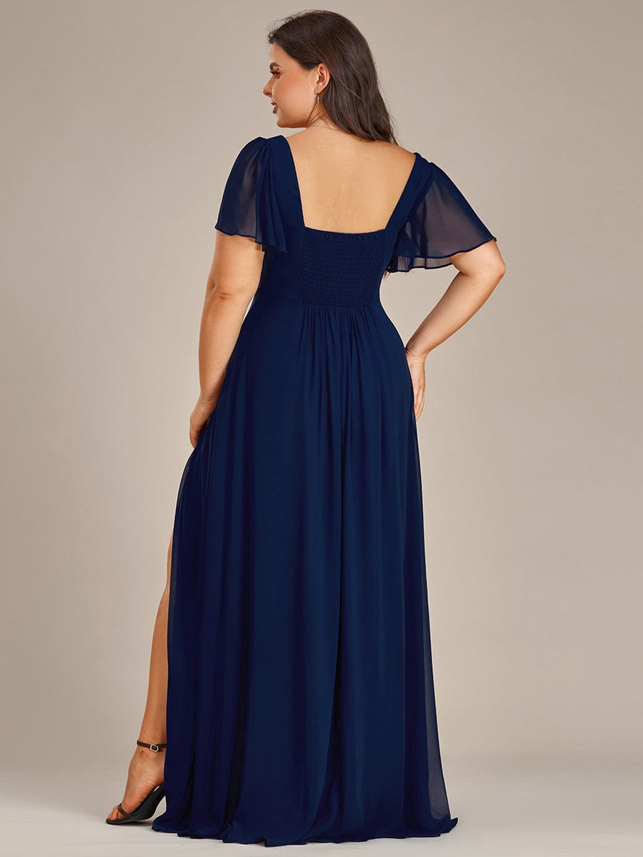 Robe demoiselle d'honneur maxi en mousseline à fente haute de grande taille #Couleur_Bleu Marine