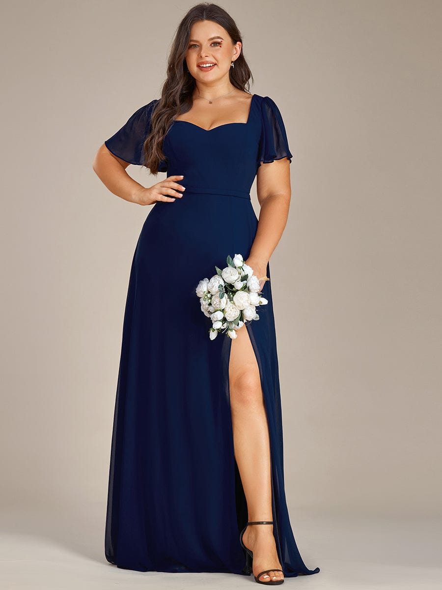 Robe demoiselle d'honneur maxi en mousseline à fente haute de grande taille #Couleur_Bleu Marine