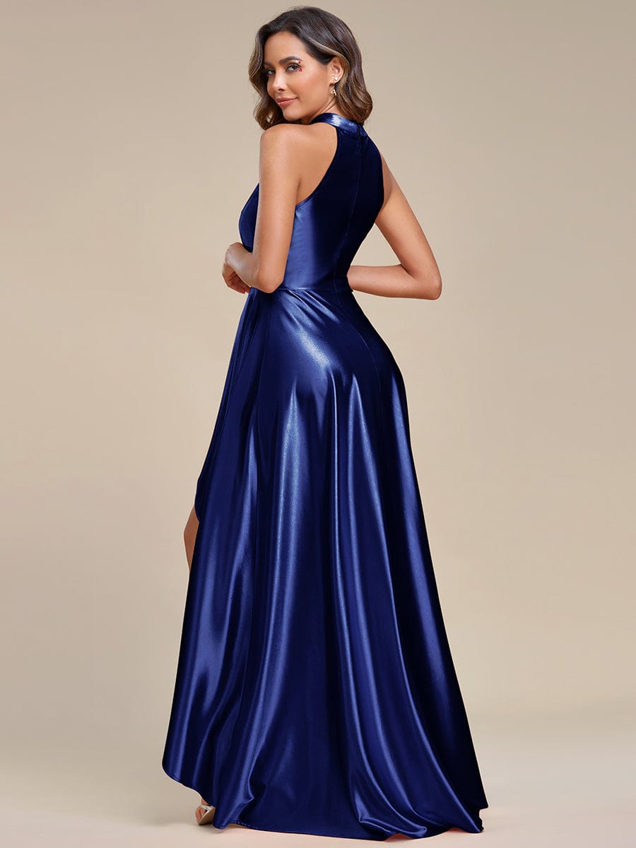 Robe de Bal Haut-Bas élégante en satin à licou #Couleur_Bleu Marine