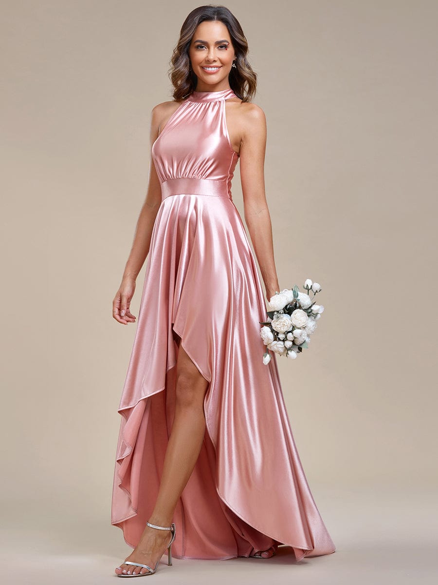 Robe de Bal Haut-Bas élégante en satin à licou #Couleur_Rose