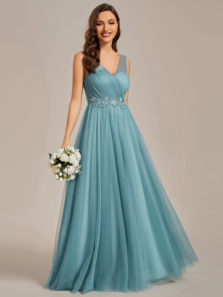 Robe de demoiselle d'honneur longue élégante à col en V et appliques#Couleur_Bleu Fume